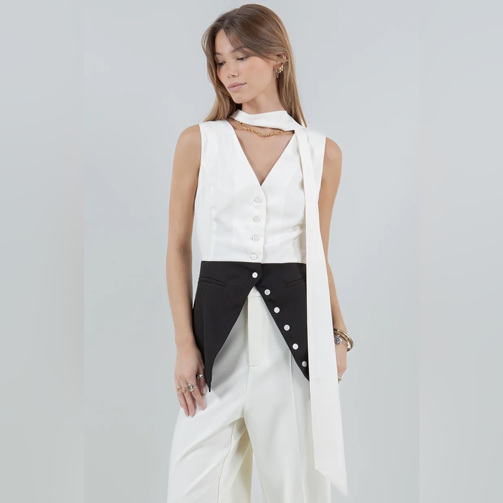 Two Tone Vest Top Asymmetrical Button Tailored Sleeveless Minimalist Elegant